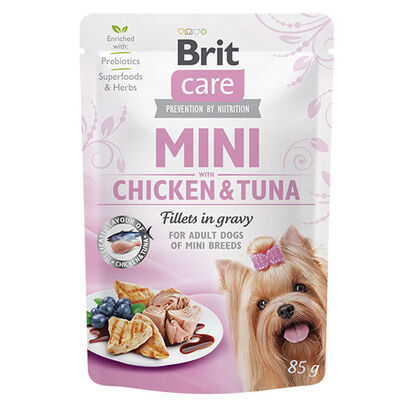 Brit Care Mini Adult Tavuklu ve Ton Balıklı Soslu Fileto Küçük Irk Yetişkin Köpek Konservesi 85 Gr 
