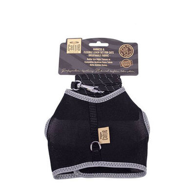 Cattie Havalı Dokuma Kedi Göğüs ve Gezdirme Tasması Medium Siyah 1x25-35 Cm 