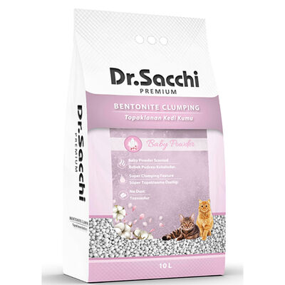 Dr.Sacchi Premium Bebek Pudrası Kokulu Bentonit İnce Taneli Topaklanan Kedi Kumu 10 Lt 