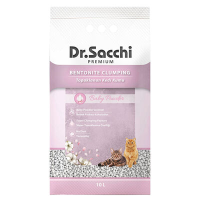 Dr.Sacchi Premium Bebek Pudrası Kokulu Bentonit İnce Taneli Topaklanan Kedi Kumu 10 Lt 