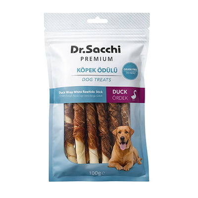 Dr.Sacchi Premium Ördek Sargılı Beyaz Sığır Derisi Burgu Çubuk Tahılsız Köpek Ödülü 5'' 10'lu 100 Gr 