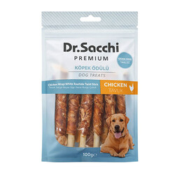 Dr.Sacchi - Dr.Sacchi Premium Tavuk Sargılı Beyaz Sığır Derisi Burgu Çubuk Tahılsız Köpek Ödülü 5'' 10'lu 100 Gr 