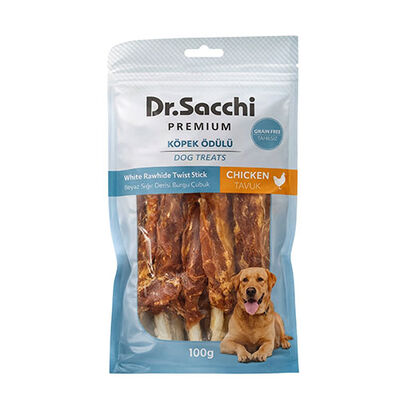 Dr.Sacchi Premium Tavuklu Beyaz Sığır Derisi Burgu Çubuk Tahılsız Köpek Ödülü 5'' 5'li 100 Gr 