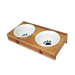 Eurogold - EuroGold Ahşap Sehpalı İkili Seramik Kedi ve Küçük Irk Köpek Mama ve Su Kabı 12 Cm 200 Ml 