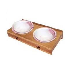 Eurogold - EuroGold Ahşap Sehpalı İkili Seramik Kedi ve Küçük Irk Köpek Mama ve Su Kabı 12 Cm 2x200 Ml Pembe 