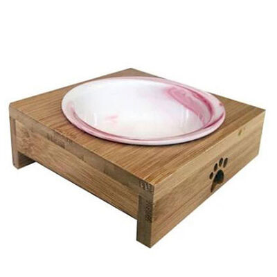 EuroGold Ahşap Sehpalı Seramik Kedi ve Küçük Irk Köpek Mama ve Su Kabı 12 Cm 200 Ml Pembe 