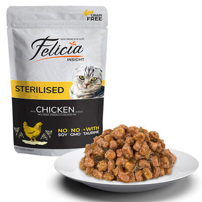 Felicia Pouch Jelly Sterilised Tavuklu ve Taurinli Tahılsız Kısırlaştırılmış Kedi Konservesi 12 Adet 85 Gr 