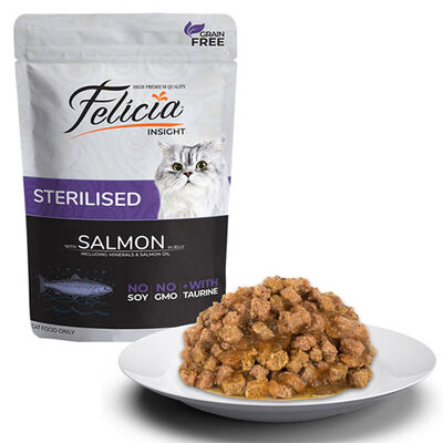 Felicia Pouch Jelly Sterilised Somonlu ve Taurinli Tahılsız Kısırlaştırılmış Kedi Konservesi 85 Gr 