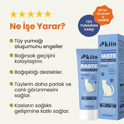 Kito Tüy Yumağı Önleyici ve Sindirim Sistemi Destekleyici Kısır ve Yetişkin Kedi Malt Macunu 100 Gr 