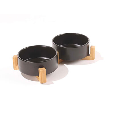 M-Pets Opera Bamboo Standlı Seramik Kedi ve Köpek Mama Kabı Siyah 2x850 Ml 