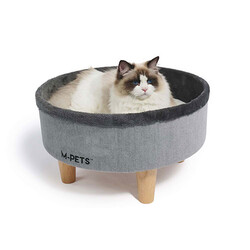 M-Pets - M-Pets Round Elevated Ahşap Ayaklı Kedi Yatağı Gri 47x47x26 Cm 