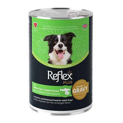 Reflex Plus Sos İçinde Et Parçacıklı Beyaz Balıklı Ve Tatlı Patatesli Yetişkin Köpek Konservesi 6 Adet 400 Gr 
