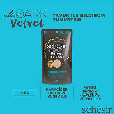 Schesir After Dark Pouch Tavuklu ve Bıldırcın Yumurtalı Tahılsız Yetişkin Kedi Konservesi 12 Adet 80 Gr 