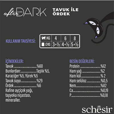 Schesir After Dark Sos İçinde Tavuk Etli ve Ördek Etli Tahılsız Yetişkin Kedi Konservesi 12 Adet 80 Gr 