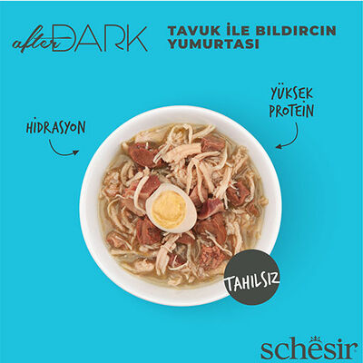 Schesir After Dark Sos İçinde Tavuklu ve Bıldırcın Yumurtalı Tahılsız Yetişkin Kedi Konservesi 12 Adet 80 Gr 