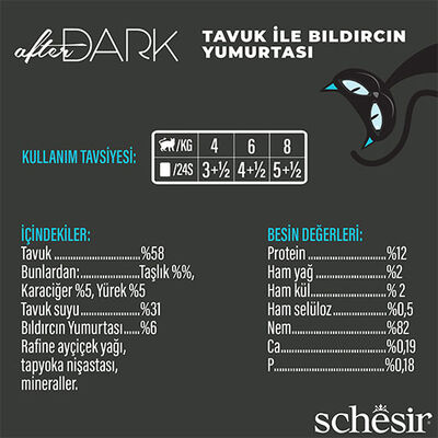 Schesir After Dark Sos İçinde Tavuklu ve Bıldırcın Yumurtalı Tahılsız Yetişkin Kedi Konservesi 12 Adet 80 Gr 