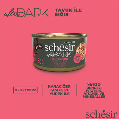 Schesir After Dark Sos İçinde Tavuk Etli ve Sığır Etli Tahılsız Yetişkin Kedi Konservesi 12 Adet 80 Gr 