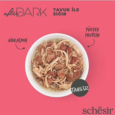 Schesir After Dark Sos İçinde Tavuk Etli ve Sığır Etli Tahılsız Yetişkin Kedi Konservesi 12 Adet 80 Gr 