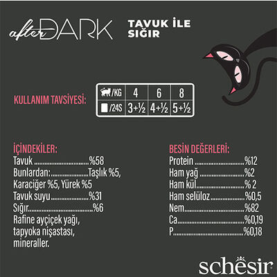 Schesir After Dark Sos İçinde Tavuk Etli ve Sığır Etli Tahılsız Yetişkin Kedi Konservesi 12 Adet 80 Gr 