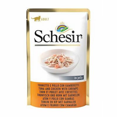 Schesir Pouch Ton Balıklı Tavuklu ve Karidesli Jelly Yetişkin Kedi Konservesi 85 Gr 