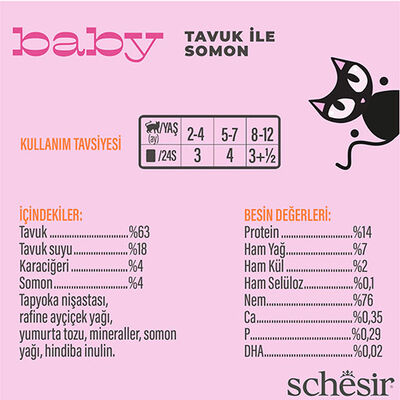 Schesir Babycat Tavuklu ve Somon Balıklı Tahılsız Yavru Kedi Konservesi 12 Adet 70 Gr 