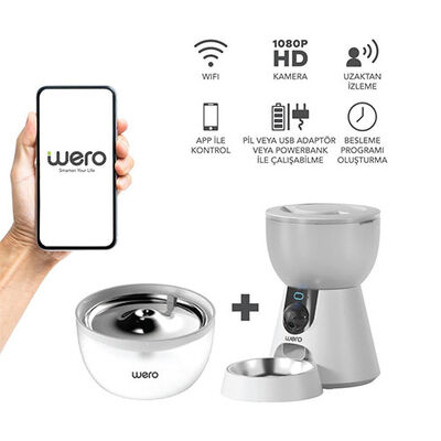 Wero 2in1 Kameralı, Wi-Fi Destekli Akıllı Otomatik Kedi & Köpek Mama ve Su Kabı Seti 