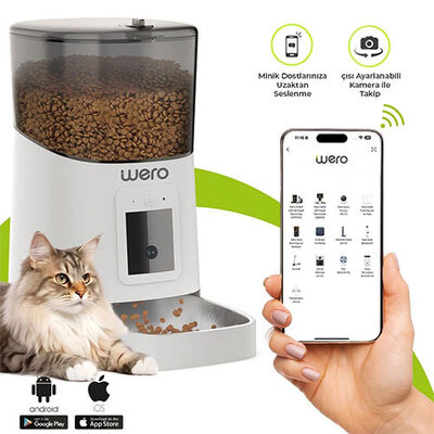 Wero Akıllı Kedi Köpek Mama Kabı Pro 1080p Ayarlanabilir Kamera Wifi Kontrol Pet Feeder Metal Kase Beyaz 6 Lt 